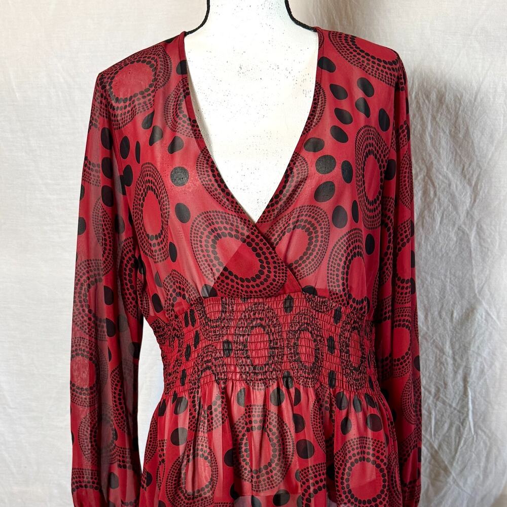 Bisou Bisou Cross V-Neck Women's Sz XL Red Sheer Blouse Shirred Waist Y2K Glam